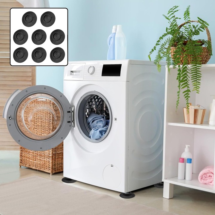 Set 8 picioare antiderapante, SINBINTA, Stabile si durabile, Design anti-vibratii, Usor de instalat si utilizat, Reutilizabile, Pentru masini de spalat si uscatoare de rufe, Cauciuc, 8.5cm, Negru