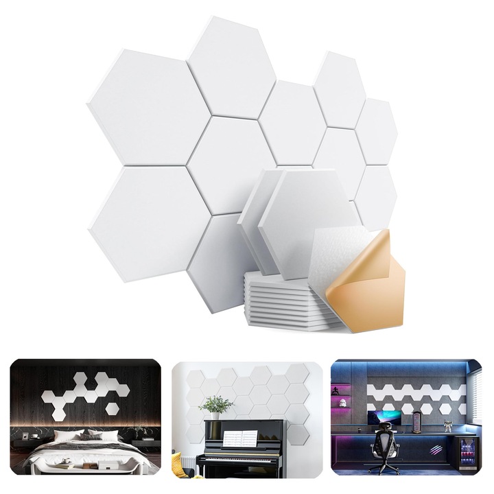 Set 12 panouri izolatie acustica, SINBINTA, Reduce zgomotul de fond, Design autoadeziv, Suprafata este neteda, sigura si durabila, Pentru studiouri de inregistrari, home theaters, sali de conferinte, Poliester, 30x26cm, Alb