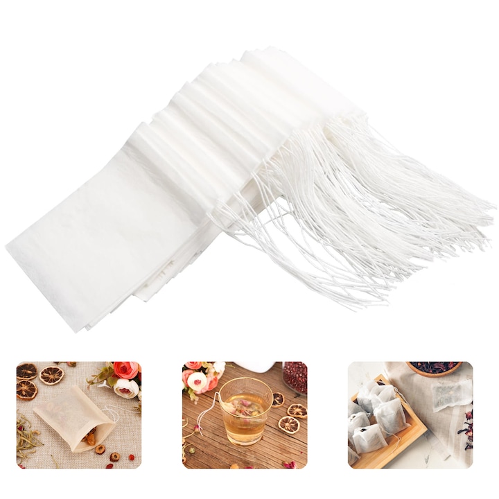 Set 300 pungi ceai, SINBINTA, Rezistent la temperaturi ridicate, Fara aschii si miros, Usor de utilizat si de transportat, Pentru pliculete de ceai, bauturi pe baza de plante, pachete de bulion de casa, tesaturi netesute, 6x8cm, Alb