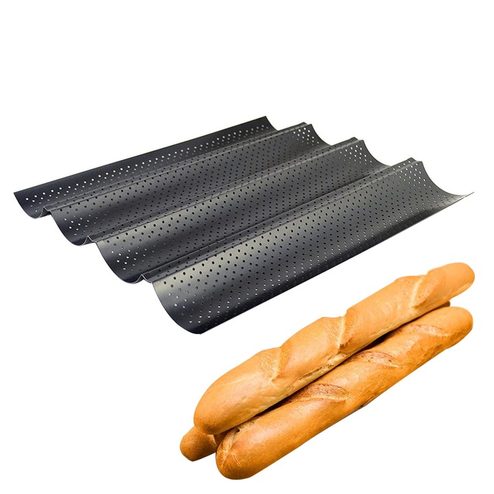 Tava antiaderenta perforata pentru copt, SINBINTA, Poate rezista la temperaturi de pana la 230°C, Rezistenta de lunga durata, Usor de utilizat si de curatat, Pentru paine de bricolaj, Metal, 38x33cm, Negru