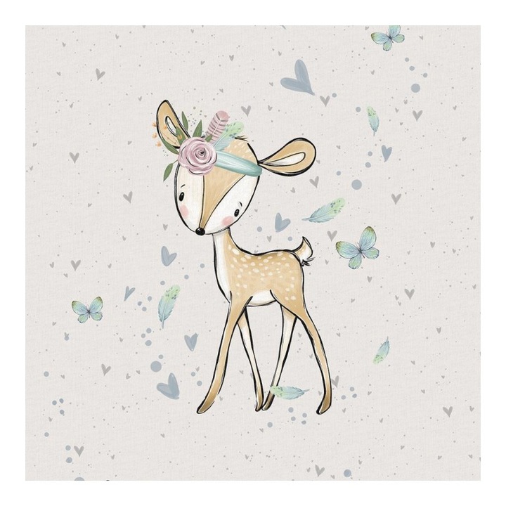 Material textil, Panou din tricot french terry 40x50 cm Aventurile din padure ale caprioarei bej, bumbac 95%, elastan 5%