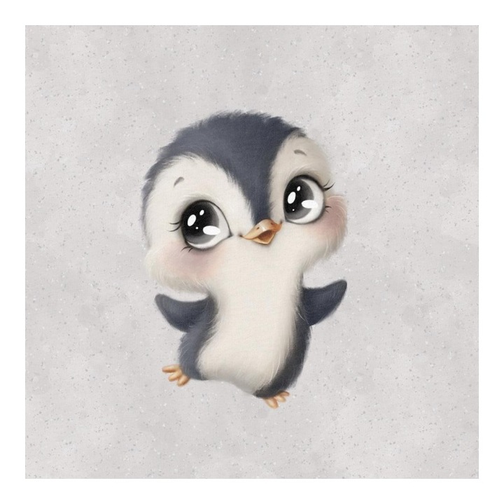 Material textil, Panou din tricot french terry 40x50 cm Mici dulciuri gri: Pinguin, bumbac 95%, elastan 5%