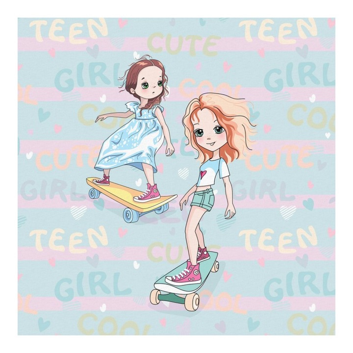 Material textil, Panou din tricot french terry 40x50 cm Little Teen Skateboard Girls, bumbac 95%, elastan 5%