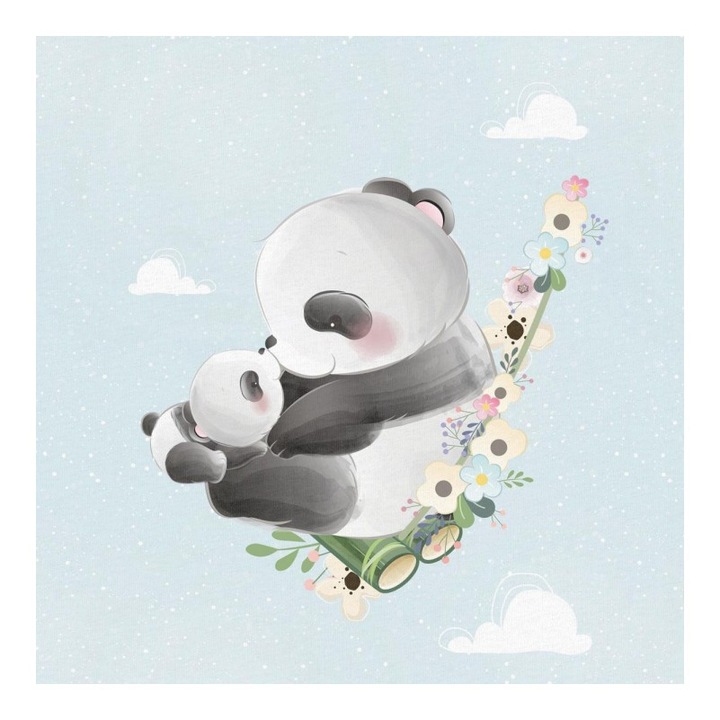 Material textil, Panou din tricot french terry 40x50 cm Pandas pe un leagan, bumbac 95%, elastan 5%