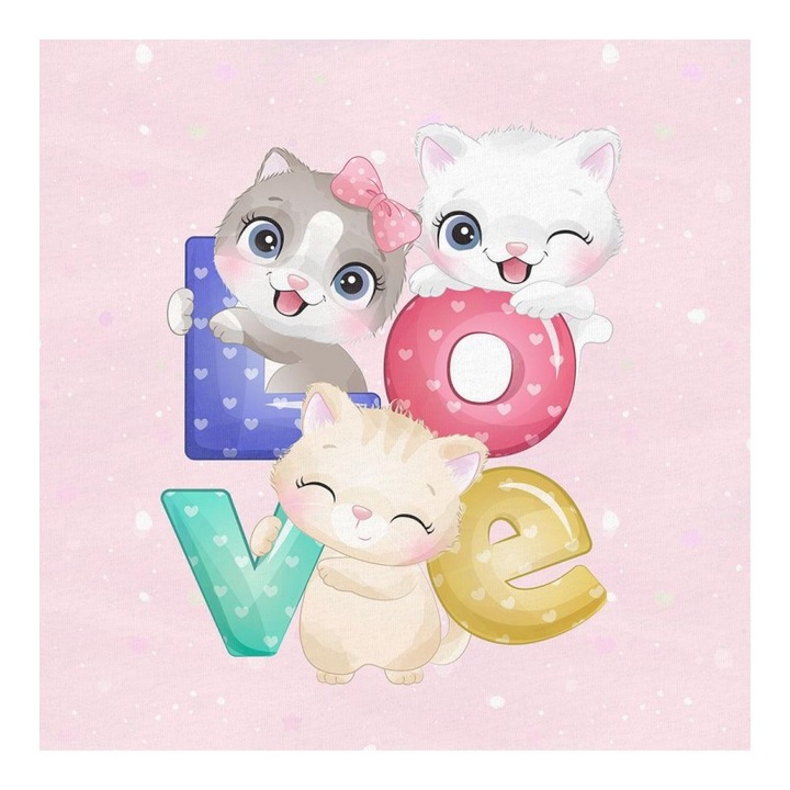 Material textil, Panou din tricot french terry 40x50 cm LOVE pisici in dragoste, bumbac 95%, elastan 5%