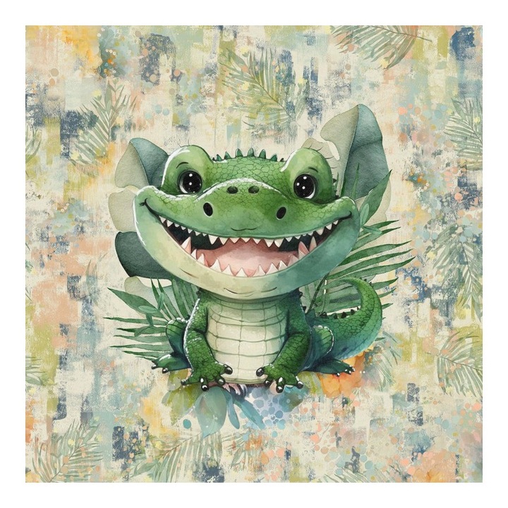 Material textil, Panou din tricot french terry 40x50 cm Copii tropicali Crocodil, bumbac 95%, elastan 5%