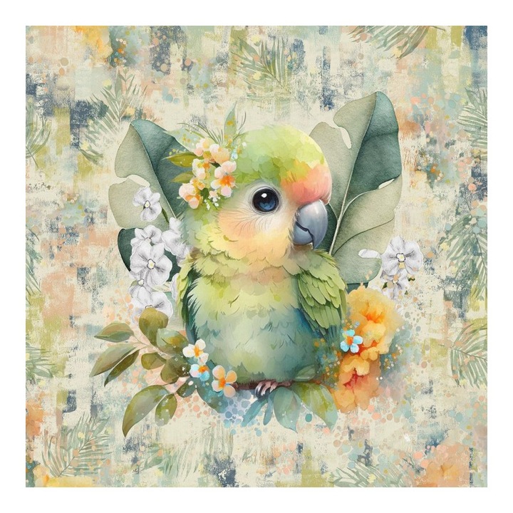 Material textil, Panou din tricot french terry 40x50 cm Papagal tropical pentru copii, bumbac 95%, elastan 5%