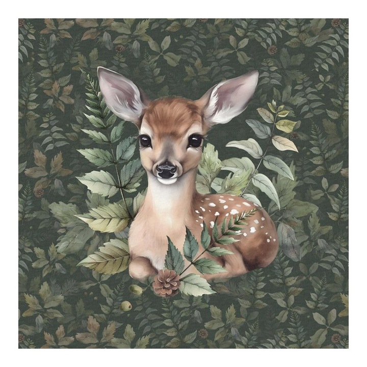 Material textil, Panou din tricot french terry 40x50 cm Paduri Verde inchis Caprioara, bumbac 95%, elastan 5%