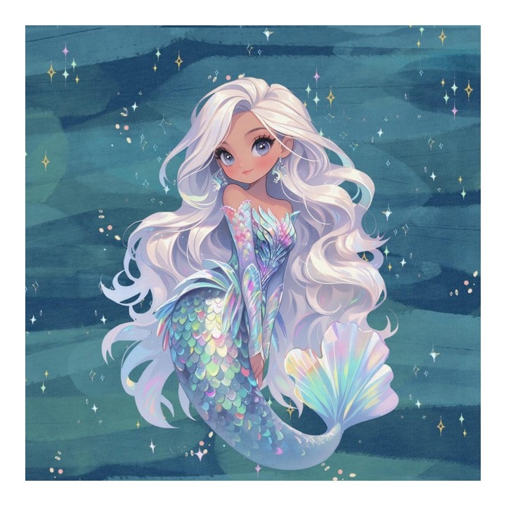 Material textil, Panou din tricot french terry 40x50 cm Glam Mermaids: Moonlight Girl, bumbac 95%, elastan 5%