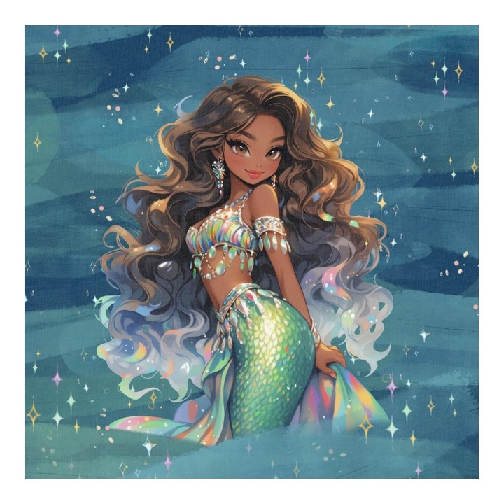 Material textil, Panou din tricot french terry 40x50 cm Glam Mermaids: Darkwater Girl, bumbac 95%, elastan 5%