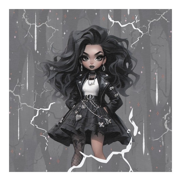 Material textil, Panou din tricot french terry 40x50 cm Goth Girls: Ravenhair, bumbac 95%, elastan 5%