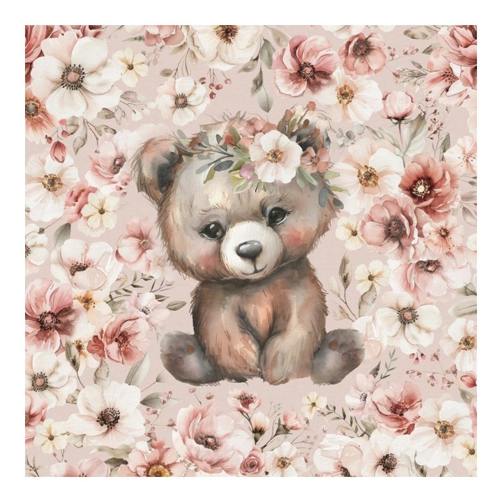 Material textil, Panou din tricot french terry 40x50 cm Ursulet de plus in anemone, bumbac 95%, elastan 5%