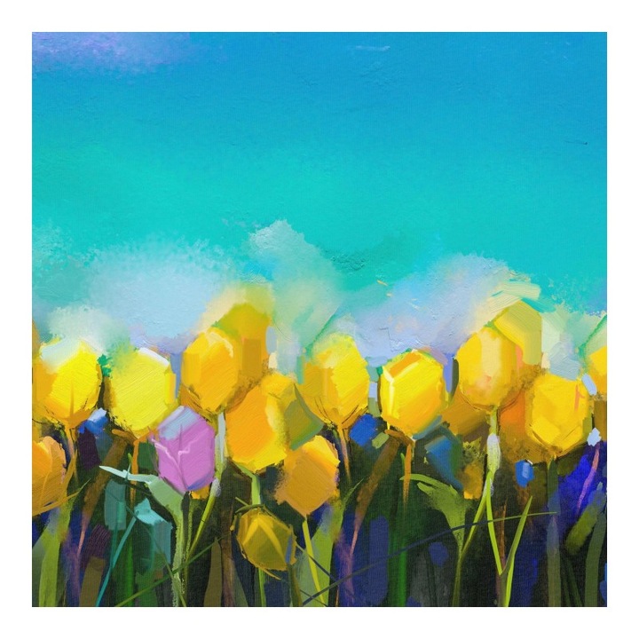 Material textil, Panou din tricot french terry 55x75 cm Lalele pe turcoaz, bumbac 95%, elastan 5%