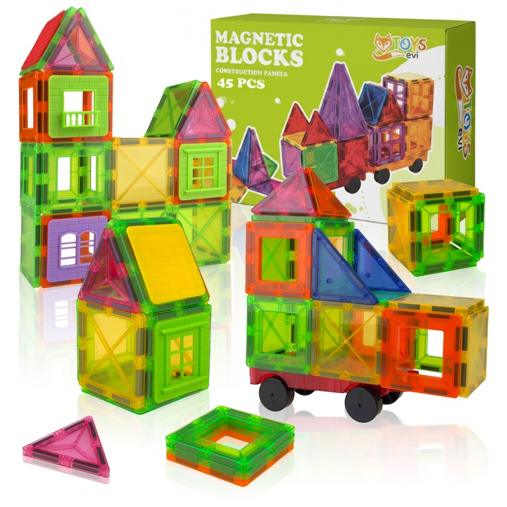Set de Constructie Magnetic EVI TOYS MAGNETIC 45, 3D si Educational, Magneti Neodim, 45 Piese, Set Mare, Multicolor