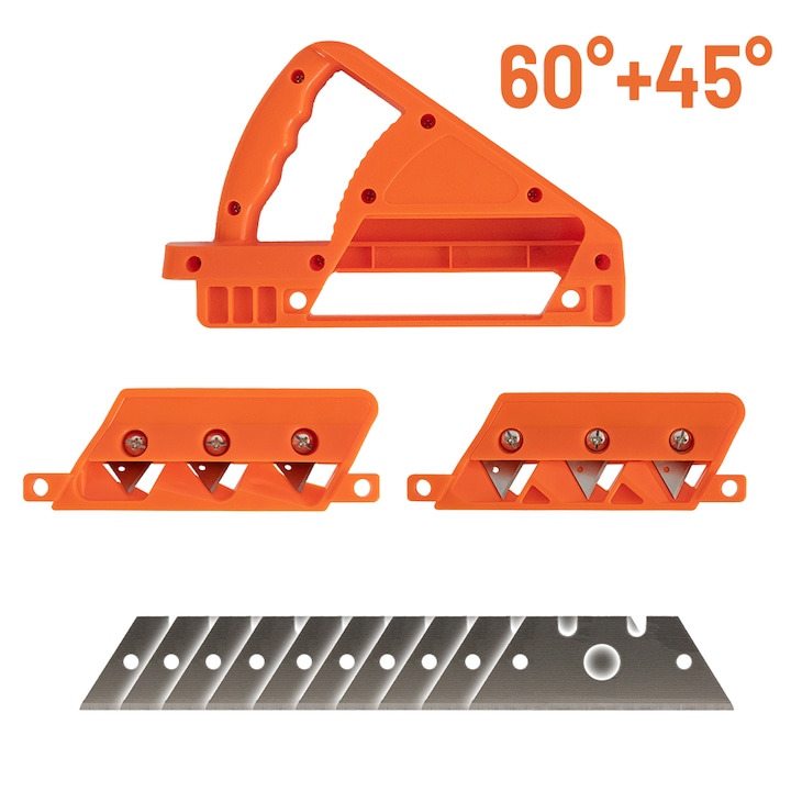 Dispozitiv sanfrenare gips-carton sau rigips AdyMel®, aschiere la unghiuri de 45 si 60 grade, set cu 10 lame pentru inlocuire, foarte rezistent, portocaliu