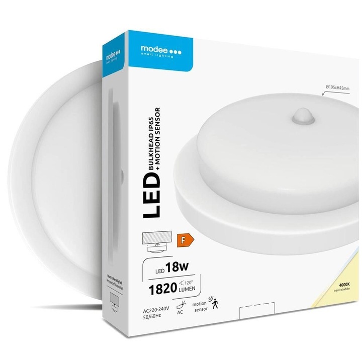 Aplica LED pentru exterior Modee, cu senzor miscare, 18W, 1820 lm, temperatura lumina (4000K), IP65, 19.5cm, Alb, Clasa energetica F