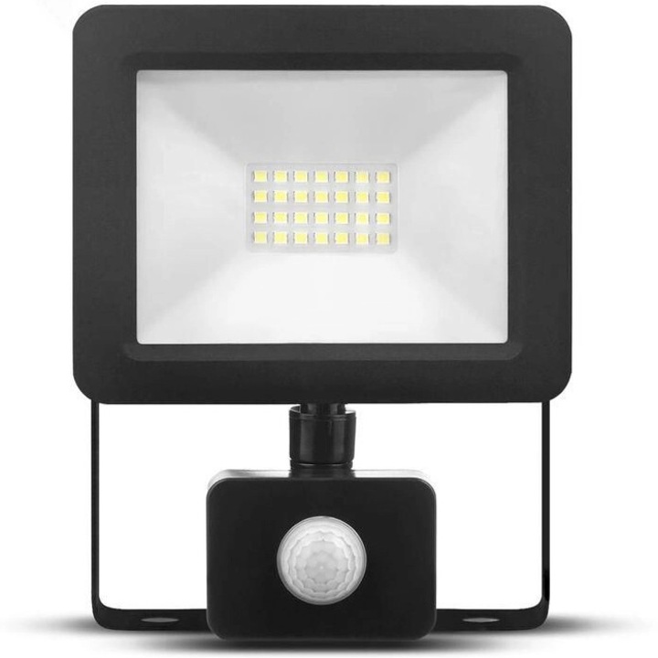 Proiector LED Modee, cu senzor, 20W, 1800 lm, temperatura lumina (6000K), IP66, Negru, Clasa energetica F