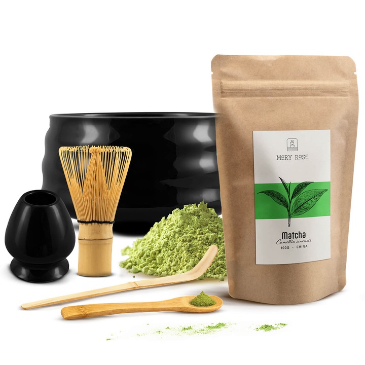 Matcha Tea Főzőkészlet, Mary Rose 100g, Tál Fekete 500 ml, Chasen, Chashaku, Teáskanál