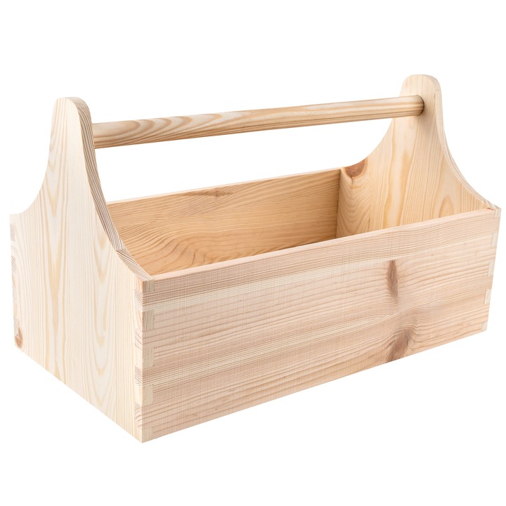 Fa szerszámosláda, bézs, Creative Deco, szerszámtartó, 34 x 18 x 20,5 cm, natúr fogantyúval
