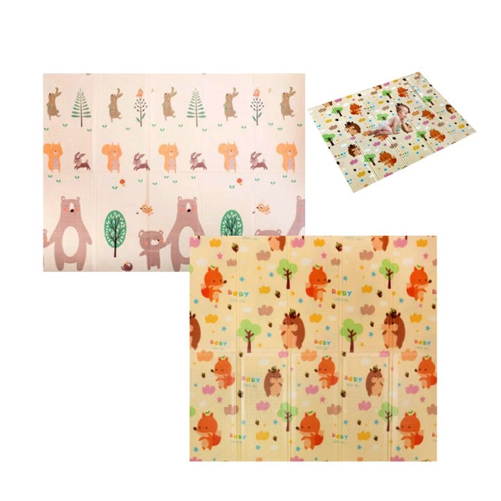 Термоподложка за игра за деца, двулицева, Optim Solution, Модел с гризачи и плюшени мечета, с пяна, Водоустойчива, Неплъзгаща се, 200 см x 180 см x 0,8 см, Многоцветна