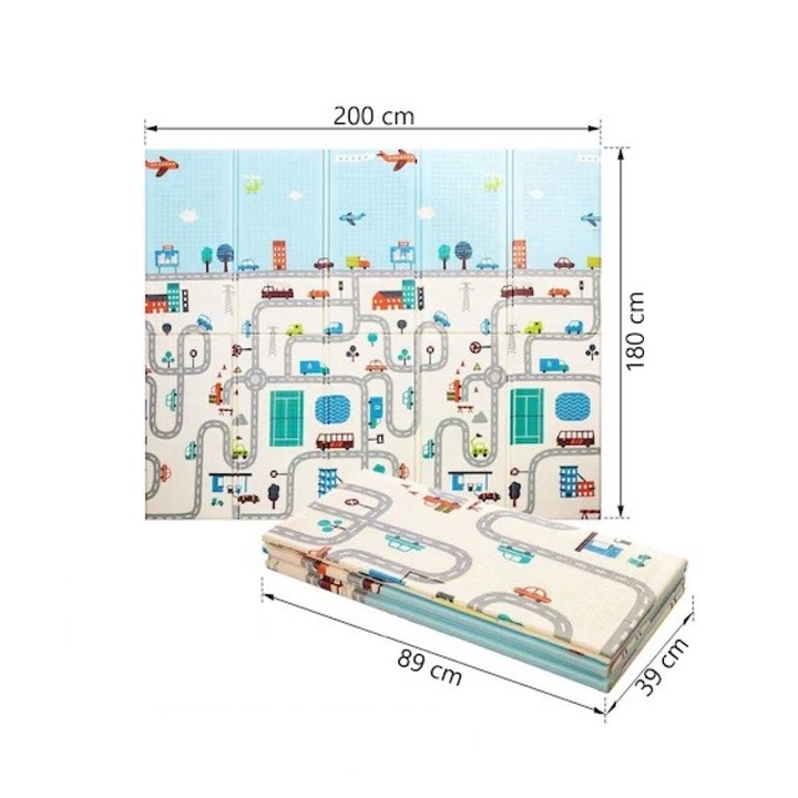 Термоподложка за игра за деца, двулицева, Optim Solution, Модел с лисици и автомобилна писта, с дунапрен, водоустойчива, против хлъзгане, 200 см x 180 см x 0,8 см, многоцветна