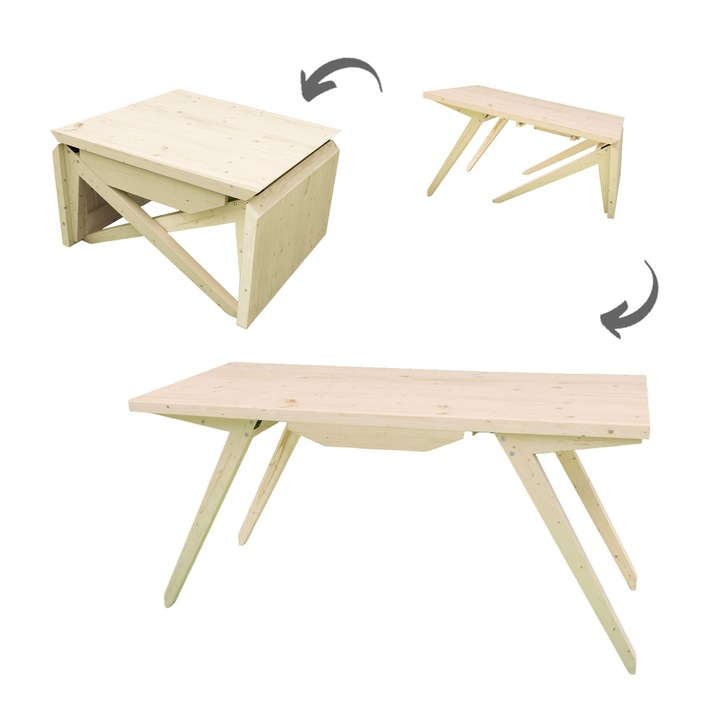 Masa Transformabila Hugo, Masa de Cafea si Masa Dining, 2 in 1, cu 2 Sertare, Transilvan, Lemn Masiv, 86x70x50 cm si 168x70x82 cm, Natur