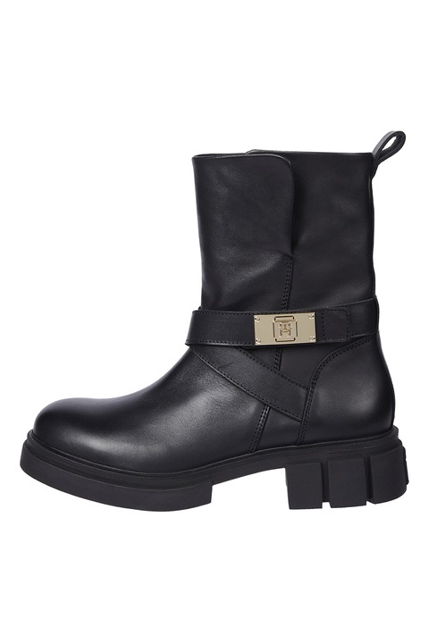 Tommy Hilfiger, Cizme de piele cu fermoar si monograma, Negru