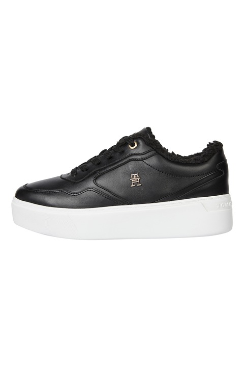 Tommy Hilfiger, Pantofi sport de piele cu platforma si captuseala de blana, Negru