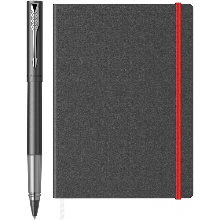 Parker Vector XL görgős toll + A5-ös jegyzetfüzet hozzáillő gumiszalaggal, fekete
