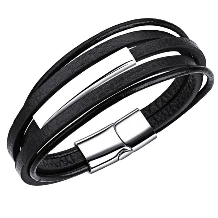 Olivier Sanders férfi karkötő, bőr/rozsdamentes acél, fekete/ezüst