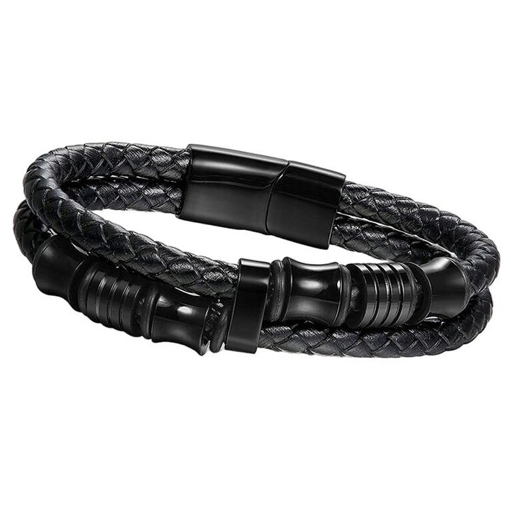 Férfi karkötő, Olivier Sanders, fekete, bőr/titán