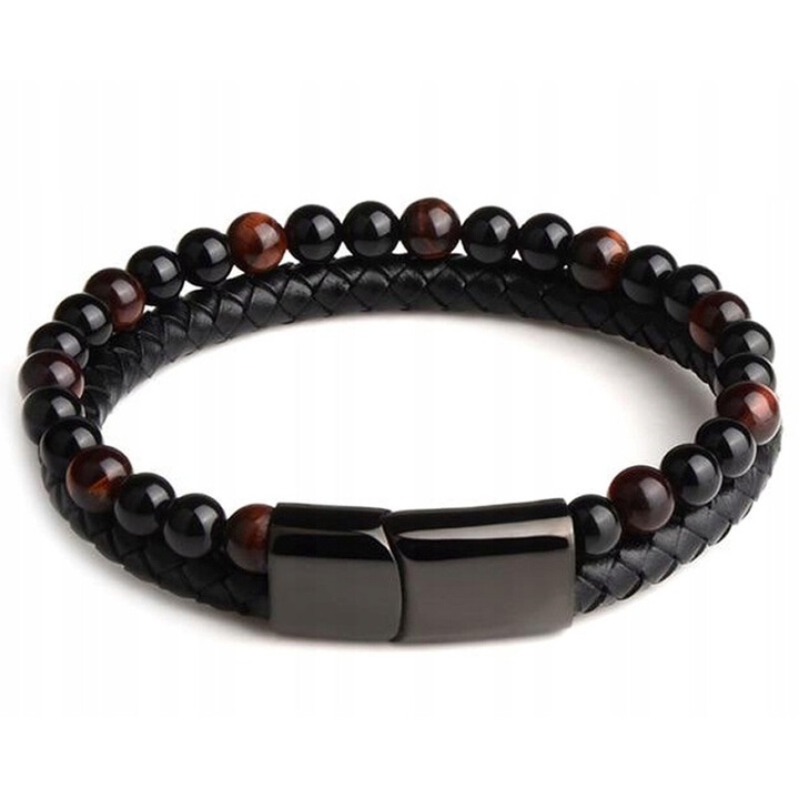 Férfi karkötő, Olivier Sanders, bőr/rozsdamentes acél, fekete/barna