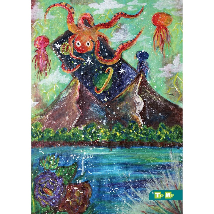 Caiet TeMe studentesc premium, cu foi veline, A4, eco-friendly, coperta brosata, imagine cu caracatita, 80 file, cusut