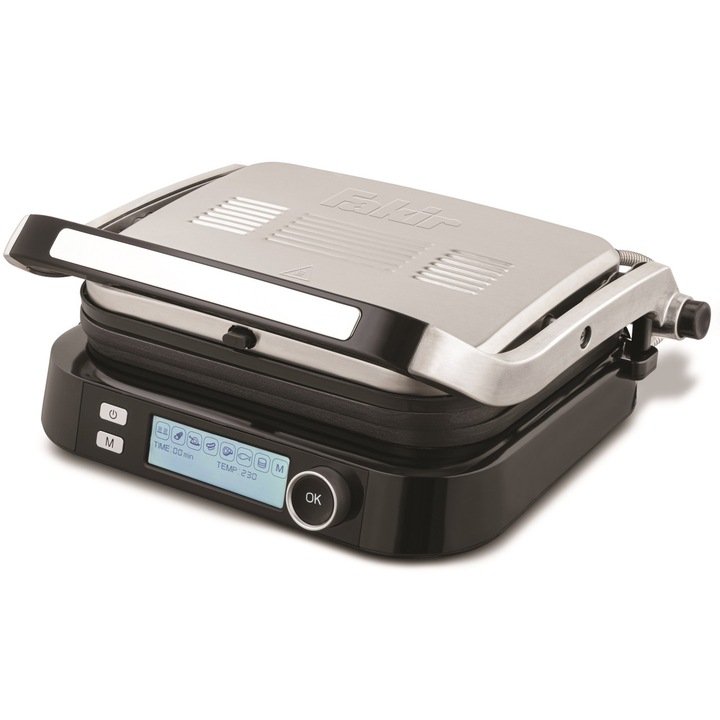 Gratar electric Fakir Grill Expert Smart, 2100W, 7 programe, Indicator gatire, Senzor automat, Deschidere 180°, 3 nivele de gatire carne, Placi detasabile, Argintiu