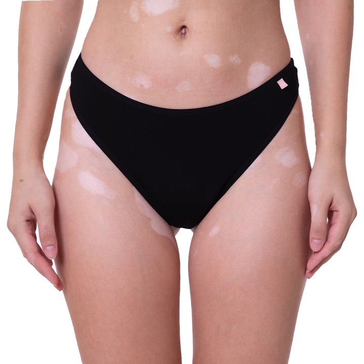 Многократни менструални бикини от бамбук, органичен памук и коноп FEMIEKO, модел прашка EDA, ниска абсорбция, произведено в Румъния, черен цвят, размер XL