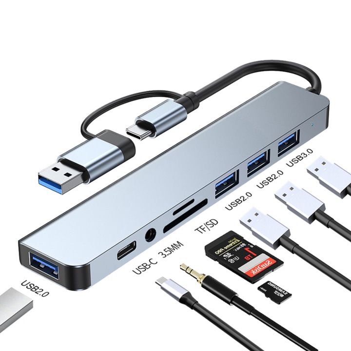 Хъб USB/USB-C 8-в-2, AHA PRINT®, USB 3.0, 3*USB 2.0, USB-C, SD/TF четец на карти, аудио жак 3,5 мм - за лаптоп, таблет и други USB-C устройства
