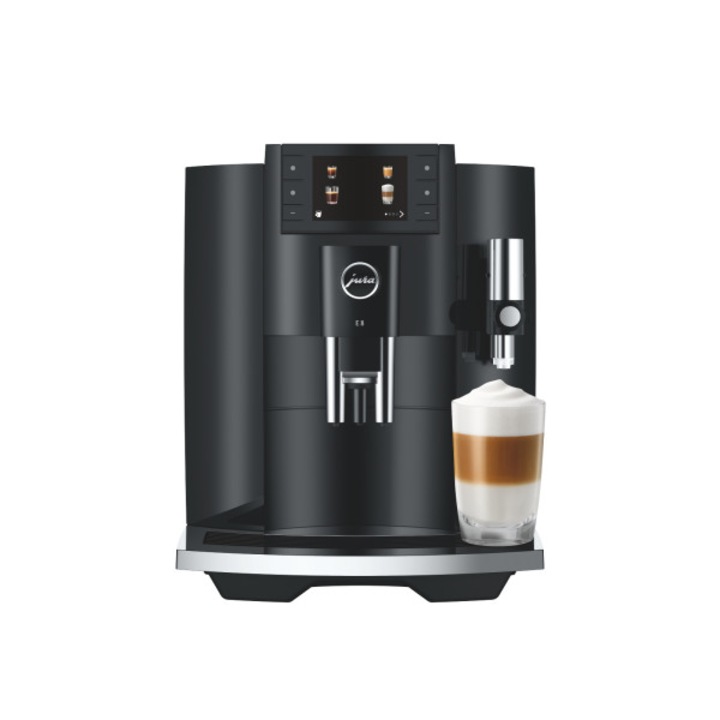 JURA E8 Piano Black (EC) автоматична машина за еспресо, конусовидна мелачка PAG 2, три вида екстракция, 17 напитки, накрайник за разпенване на мляко, меню на румънски, капацитет за приготвяне 5-16 gr, черен