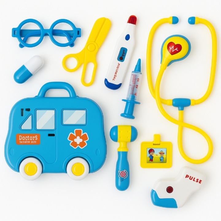 Trusa medicala de jucarie KOMAZI® pentru copii, joc de rol la doctor cu 11 accesorii medicale, 3 ani+, albastru