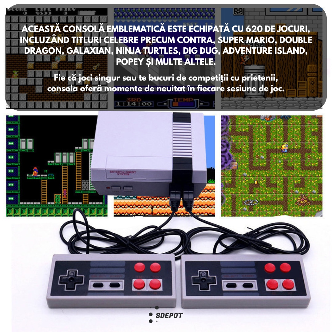 Consola retro SDEPOT®, cu 620 de jocuri incluse, 4 butoane