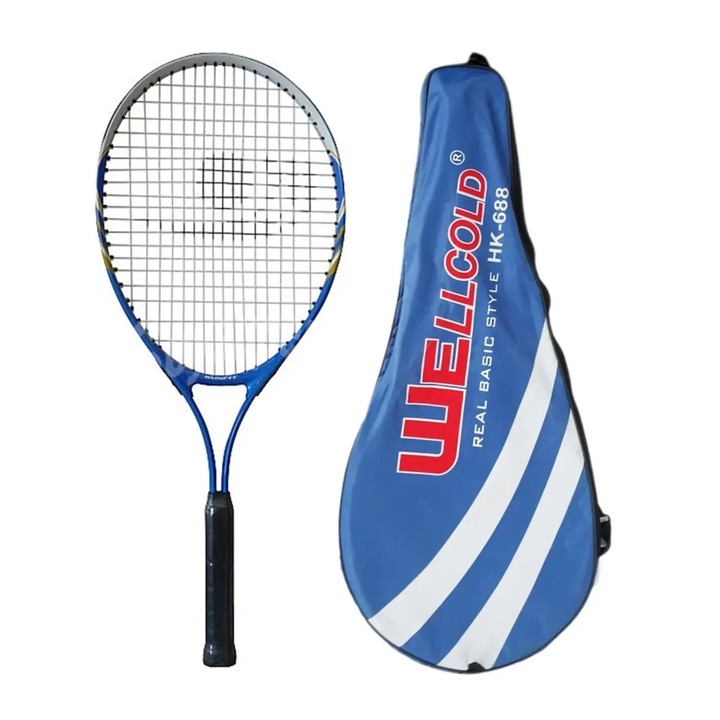 Racheta profesionala de tenis din aliaj de aluminiu, Albastru, cu husa de transport + set 3 mingii de tenis, 66 CM