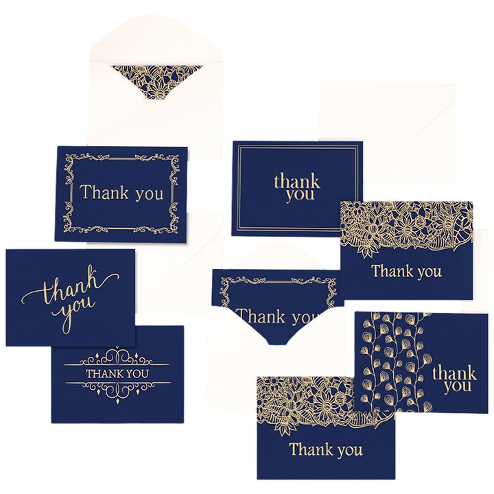 Köszönőkártya szett borítékkal, tengerészkék és arany, 12 lap