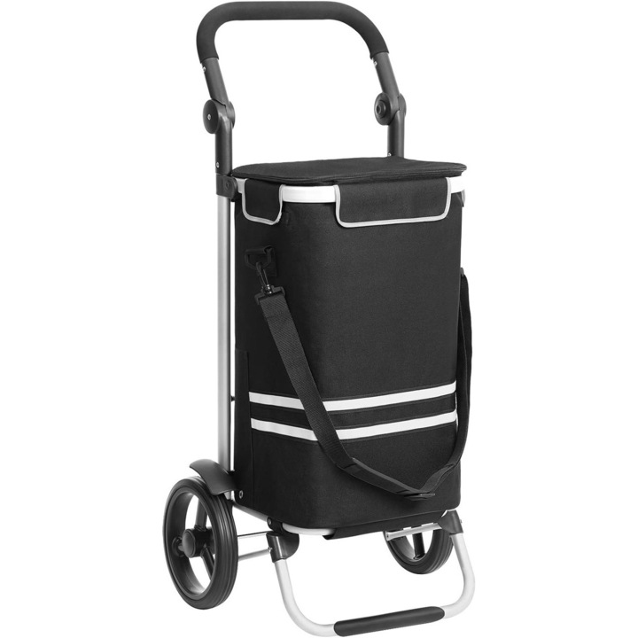 Bevásárlókocsi 35L, Vasagle, hőszigetelő rekesz, többfunkciós, max 25 kg, 44x35x100 cm, poliészter 600D/alumínium, fekete
