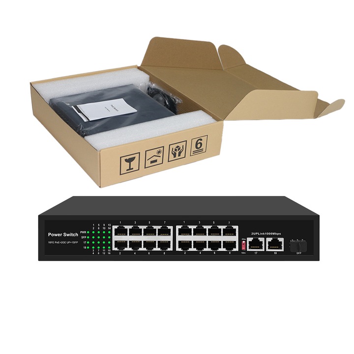 POE превключвател EXPGlobal 16+2, 16 POE 100 Mbps порта, 2 UP Link 1000 Mbps порта, 1 SFP 1000Mbps порт, 250W, AI Extend функция до 250m, 4kV мълниезащита, Захранване през Ethernet, 52V 4.8A
