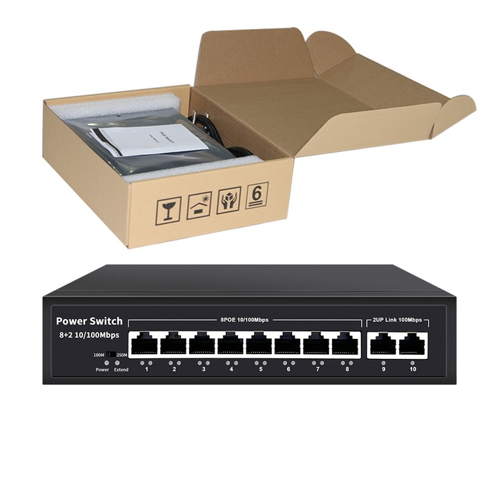 EXPGlobal 8+2 превключвател, 8 POE 100 Mbps порта, 2 UP Link 100 Mbps порта, 120W, AI Extend функция до 250m, 4kV защита от мълния, Захранване през Ethernet, 52V 2.3A
