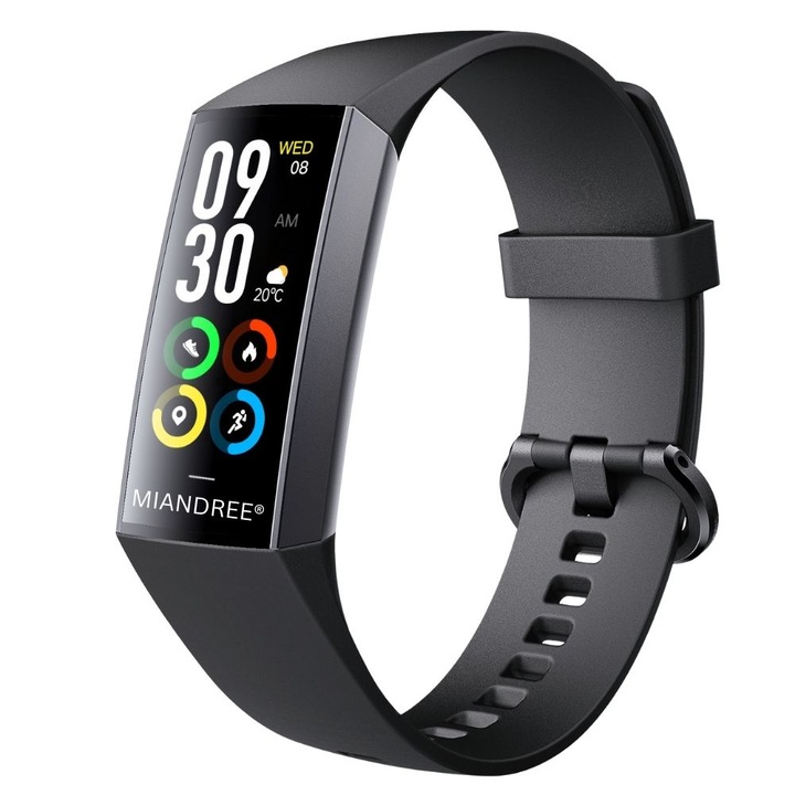 Bratara Fitness MIANDREE® cu 25 Sporturi Monitorizate, Puls, Somn, Tensiometru si Oximetru, Display AMOLED, Always-On Display, 7 Zile Autonomie, Compatibil Iphone, Samsung, Xiaomi, Huawei, Oneplus, Negru