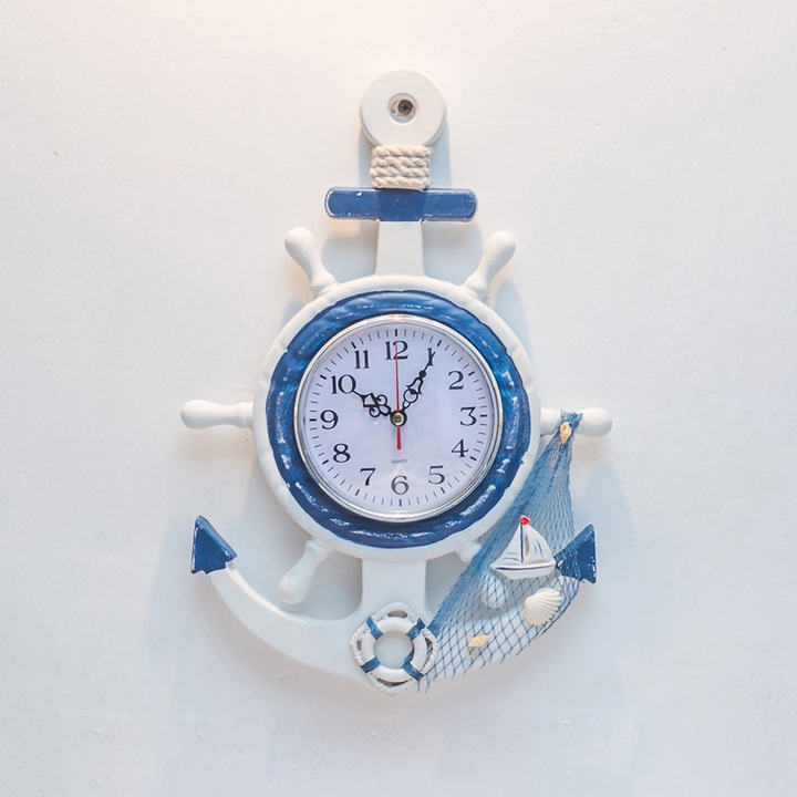Jormftte dekoratív óra, kék és fehér hajómodell, 34x23cm méret, modern design, HD tükör