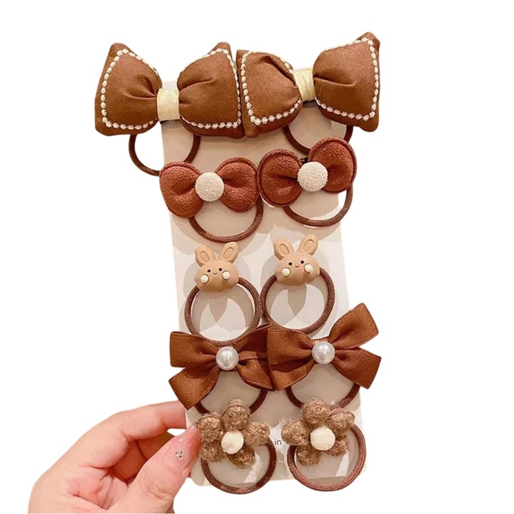 Set 5 elastice de par pentru fetite Mixbo, iepurasi, flori si fundite, maro