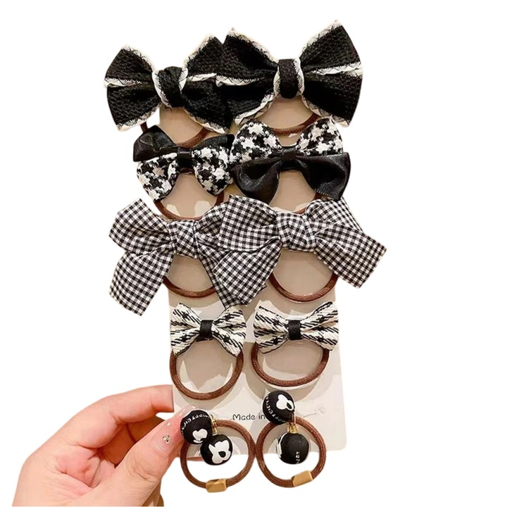 Set 5 elastice de par pentru fetite Mixbo, ursuleti, fundite, alb/negru