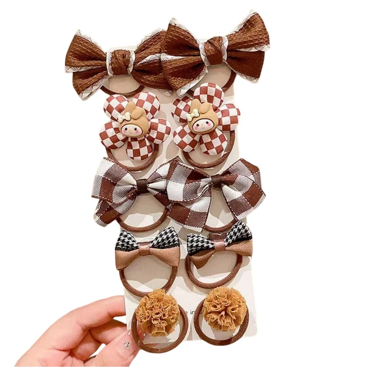 Set 5 elastice de par pentru fetite Mixbo, floare cu iepurasi, fundite, maro