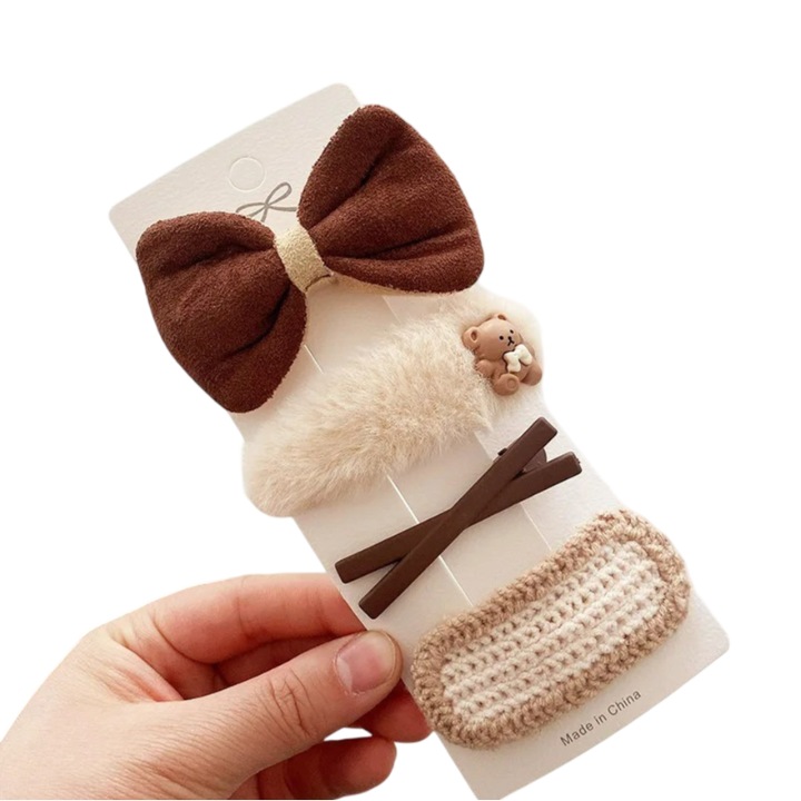 Set 4 agrafe pentru fetite Mixbo, clips, fundita si urs, crem